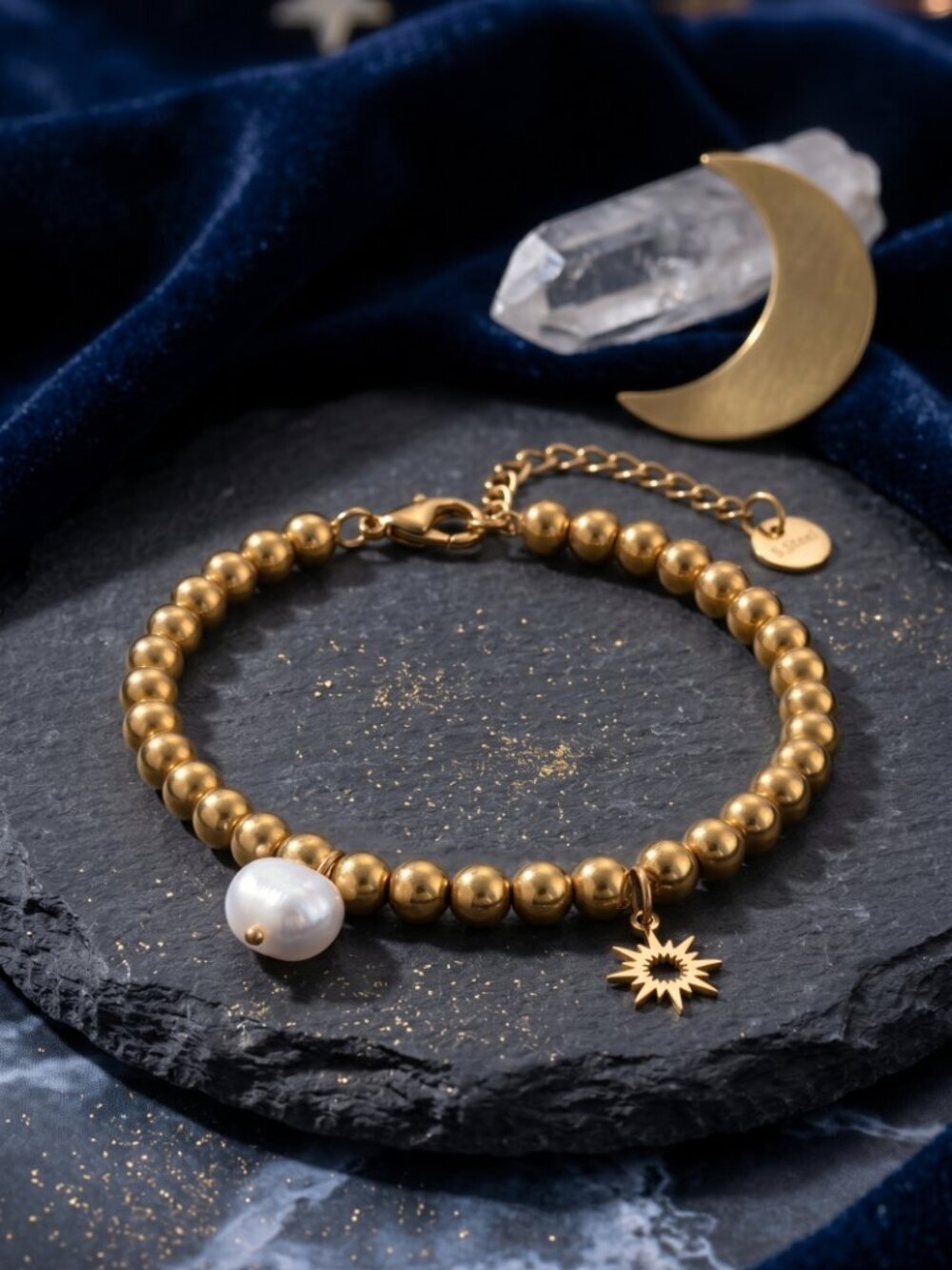 18K Gold Plated 316L Steel Beaded Bracelet Sun Charm Genuine Pearl Whimsigoth